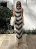 Casual Dresses Vhiaut Striped Sticked Sexy BodyCon Tassels Off Axel Sleeveless Long Dress Women Fashion Elegant Beach Party 2024