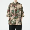 メンズカジュアルシャツチャイニーズスタイルのアイスシルクタングスーツハンフ印刷ハーフスリーブシャツ男性高品質の伝統的なルーズトップ
