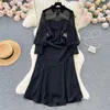 Casual Dresses Foamlina Korean Fashion Women Black Mermaid Dress Spring Sexig Lapel Collar See Through Mesh Long Sleeve Buttons Party Party