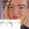 Solglasögon Elegant Green Leopard Anti Blue Light Cat Eye Women Glasse Retro Designer Eyeglasse Frame Ladies Trending Clear Computer