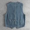 Men's Vests Spring Japanese Retro Denim Striped Cargo Vest Fashion Pure Cotton Washed Sleeveless V-neck Multi-pocket Casual Coat