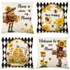 Bee Day Pillow Cover 18X18 Inches Linen Cushion Cover