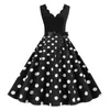 Robes décontractées robe arrière sans dos vintage Midi pour femmes inspirées d'inspiration vintage avec lacet-up en V-collier High Bow Detail Retro Dot Imprimé pour bal