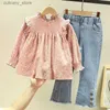 Byxor barnkläder 2022 Spring Autumn New Floral Cute Baby Shirt +Denim Bell Bottom Jeans Pants Casual Sweet Girls Clothes Suit L46