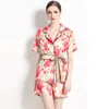 Fashion Shirt and Shorts Sets for Women, Suit Collar Printed Pajamas Style Imitation Silk Two-piece Set With Belt, Summer