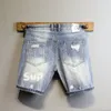 Summer Light Blue Blue ممزق Cat Patch Pritter Print Slim Denim Shorts Teenagers Jeans Boys and Girls Cowboy Short Pants 240329