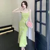 Casual Dresses 2024 French Elegant Green Striped Knitted Strap Long Dress Women Summer High Grade Wave Slim Sleeveless Party