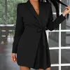 Vestidos casuais 2024 Mulheres Manga longa Lace Up Pleated Mini Blazer Dress Spring Autumn Elegant Solid Color Sexy Office Lady Fashion