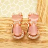 Mode roze kristal furong stenen hanger katten oorbellen vrouwelijk vergulde 18k roségoud en zilveren hr2v