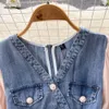 Basic Casual Dresses New Summer Patchwork Denim Dress Women Short Sleeve V Neck Pearls Buttons Elegant Split Midi Vestidos With Chain Belt 2024 Estidos estidos