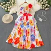 Grundläggande casual klänningar 2024 Summer Bohemian Long Chiffon Dress Women's Ruffles One Shoulder Flower Print Belt Lace Up Holiday Beach Maxi Vestidos