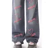 Dames jeans dames 2024 mode high street rechte y2k herfst kleding vat ontwerpen roze sterren borduur taille losse wijde poot broek