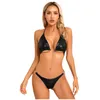 Bikini brésilien de maillots de bain pour femmes set pour les femmes en cuir breveté métallique soutien-gorge de maillot de bain en une seule pièce sans dossier