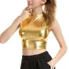 Camisoles Tanks Women Crop Top Faux Leather Tank Tops Sexig Shiny Wetlook Mock Neck Vest Slim Fit Dance Clubwear Stage Performance Clothes Clothes