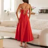 Sıradan Elbiseler Kadın Spagetti Strap Midi Elbise Kolsuz Ön Bağlantı Budier Arka Arka Kalıntı Yarık A-Line Vestidos Para Mujer