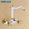 Bathroom Sink Faucets Tall Wall Mounted Grilled White Painted Faucet Gold Wheel Handle Brass Basin Mixer Tap W-013