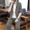 Herenpakken (Blazer Pants) Fashion Business Stripes Meeting Bread Mid-Sleeve Half-mouw Gentleman Slim Fit Work Wedding Pak