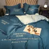 Bedding Sets Est 60 Long Velvet Embroidery Striped Color Matching Four-piece Set Of Pure Cotton Luxury Can Be Customized Dark Blue
