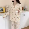 Home Clothing Cotton Sleepwear Long Bear Print Gauze Pajamas For Women Pyjamas 2 Piece Set