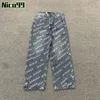 BA POP UP Graffiti Full Print Letters Washed Senior Twill Loose Versatile Black Blue Fashion Casual Straight Wide Leg Men and Women Jeans
