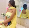 Partykleider Fashionvane gelb trägerloser Abschlussball Kristalle Langes Scheide Abendkleid mit Wraps Hochzeit Gast Frauen Spezielle Kleider