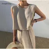 Calça feminina de duas peças feminino de linho de algodão Summer Summer Sleesess O-G-Robes-Tampa Tampa Lidera Dese Conjuntos de Moda Feminina Solid Solid 230518