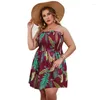 Plus -klänningar Finjani Kvinnors rygglösa tropiska tryck Shirred Tube -klänning Casual kläder för sommaren