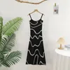 Casual Dresses 2024 French Elegant Green Striped Knitted Strap Long Dress Women Summer High Grade Wave Slim Sleeveless Party