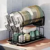 Kök förvaring 2 Tier Dish Torkhack Sink Metal Plates Organizer Countertop Bowls Holder With Drainboard Table Seary Shelf