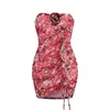 Casual jurken 3d roze elastiek gewikkeld borst damesjurk vouwt schouder vintage sexy short in elegante jurk chiffon bloemen