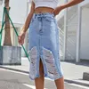Skirts Women Ripped Hole Denim Skirt Trendy Streetwear Retro Hollow Out Split Pencil Summer Blue Jeans Wrapped Hip Faldas