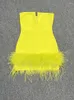 Casual Dresses Sexy Women Feather Design Yellow Dress Strapless Sleeveless Bodycon Backless Mini Celebrity Cocktail Evening Party Vestido