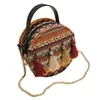 Bag 2024 Ethnic Embroide Design Round Metal Portable Shoulder Tassel Handbag Fashion Chain Crossbody Mini Messenger