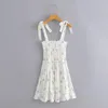 Casual Dresses For Women 2024 Sleeveless Tie Strap Beach Summer Mini Dress Ruffle Trim Smocked Embroidery Jacquard White