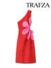 Vestidos casuais trafza estampa vermelha feminina vestido assimétrico 2024 outono sem mangas moda férias de túnio de batalha praia férias