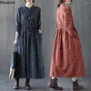 Lässige Kleider 2024 Frauen Baumwollwäsche Langes Kleid Fashion Vintage Floral bedruckt elegante A-Line-Weibchen Schnüre-up Vestidos