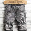 Fairy Print Smoke Gray Mens denim Shorts 12 byxor Elastic Slim Fashing Hole Guy Korean Distressed Jeans 240328