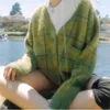Tricots de tricots pour femmes vintage Green en peluche en tricot en V V et pulls lâches d'automne Vêtements d'hiver Pull Femmes