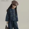 Hose Mädchen Denim Set gewaschener Quasten Vintage Mantel+ Lose Hosen 2023 Frühlings- und Herbst -Neue Kids Outfit Casual Clothing Set L46