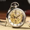 Pocket Watches Silver Hand Winding Full Steel Pocket es Fashion Unique Skeleton Transparent Mechanical Pocket Fob Chain L240402