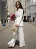 Women's Two Piece Pants ZBZA Fashion Suit Retro Long-Sleeved V-Neck Belt Blazer High-Waisted Wide-Legged Elegant Office Set