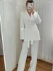 Women's Two Piece Pants ZBZA Fashion Suit Retro Long-Sleeved V-Neck Belt Blazer High-Waisted Wide-Legged Elegant Office Set