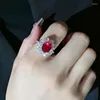 Cluster Rings Fashionable Red Treasure Flower 925 Silver Ring Set With High Carbon Diamonds Retro European and American Style