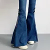 Kvinnors jeans 2024 Spring Blue Denim Flare Pants Women Korean Slim Fit Side Split Woman Vintage High midje Bow Mopping Trousers