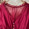 Cascading Ruffle Red / Blue / Brown Murffon Long Robe Femme Elegant V-Neck High Waist Short Sleeve Vacation Beach Vestidos Summer 2024