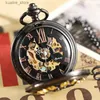 Pocket Watches Unique Big Gold Number Hollow Design Mechanical Pocket FOB Chain Black Steel Skeleton Steampunk Pocket es Male Clock L240402