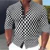 Camisas casuais masculinas 2024 camisa muscular ginástica fitness stand stand colar colar preto e branco xadrez geométrico de tendência