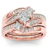 새로운 다이아몬드 세트 두 여자 결혼 약혼 반지 전기 도금 18K 골드 로즈 시뮬레이션 지르콘 링
