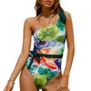 Kvinnors badkläder FS Kvinnor Green Monokini Oblique Bikini Set Hollowed Out Bathing Suit Floral Print Baddräkt för Lady One Piece 2024 Ankomster