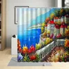 Shower Curtains European Architecture Curtain Ldyllic Seaside Village Landscape Oil Painting Gardening Sea View House Bathroom